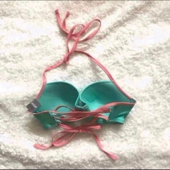 NWT Aerie Bikini Top 34C Blakely Lace Up Back Mint Green / Pink Swim AEO AE - Picture 2 of 7